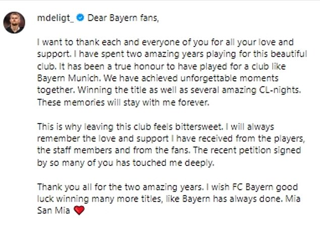 De Ligt said an emotional farewell to the fans of his old club Bayern Munich on Tuesday