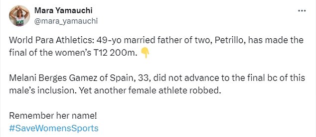 But not everyone shares her opinion, with Olympic medallist Sharron Davies leading the outrage over Petrillo being allowed to compete in the women's category.