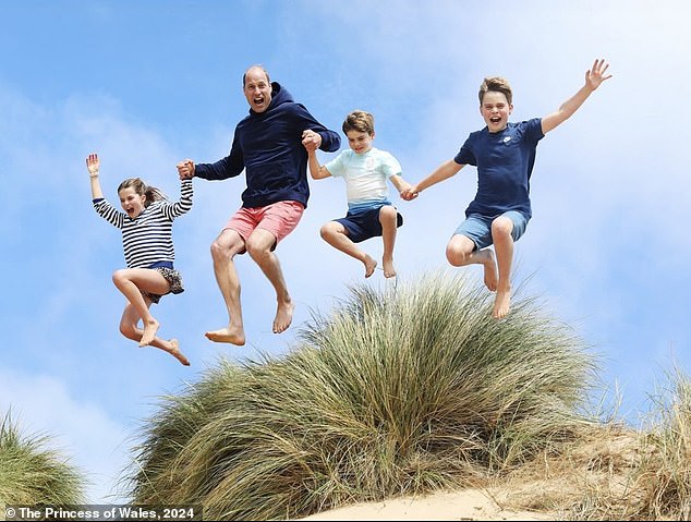 The Princess of Wales snapped this heartwarming photo of her husband jumping off sand dunes with Prince George, ten, Princess Charlotte, nine, and Prince Louis, six, in Norfolk