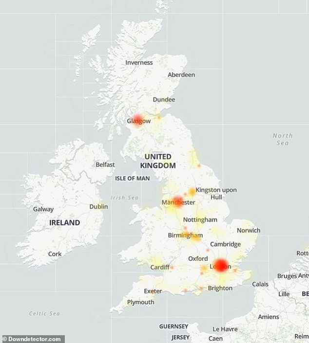 Downdetector data showed that most initial disruptions occurred in London, Birmingham, Manchester and Glasgow, but they have also been detected more widely