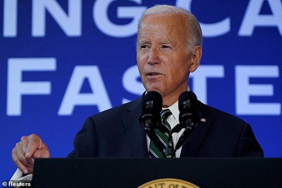 US President Joe Biden discusses the Biden administration's plans "Cancer Moonshot" initiative during an event at Tulane University in New Orleans, Louisiana, U.S., August 13, 2024. REUTERS/Elizabeth Frantz