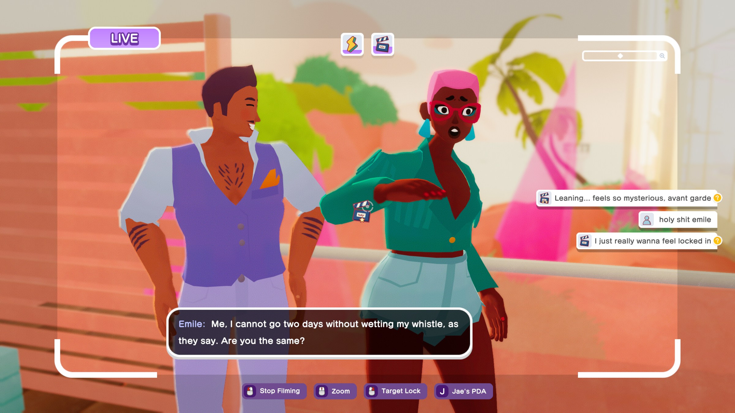 Two characters, a man wearing a purple open shirt and a woman with pink hair and red glasses, are filmed in a screenshot for The Crush House.