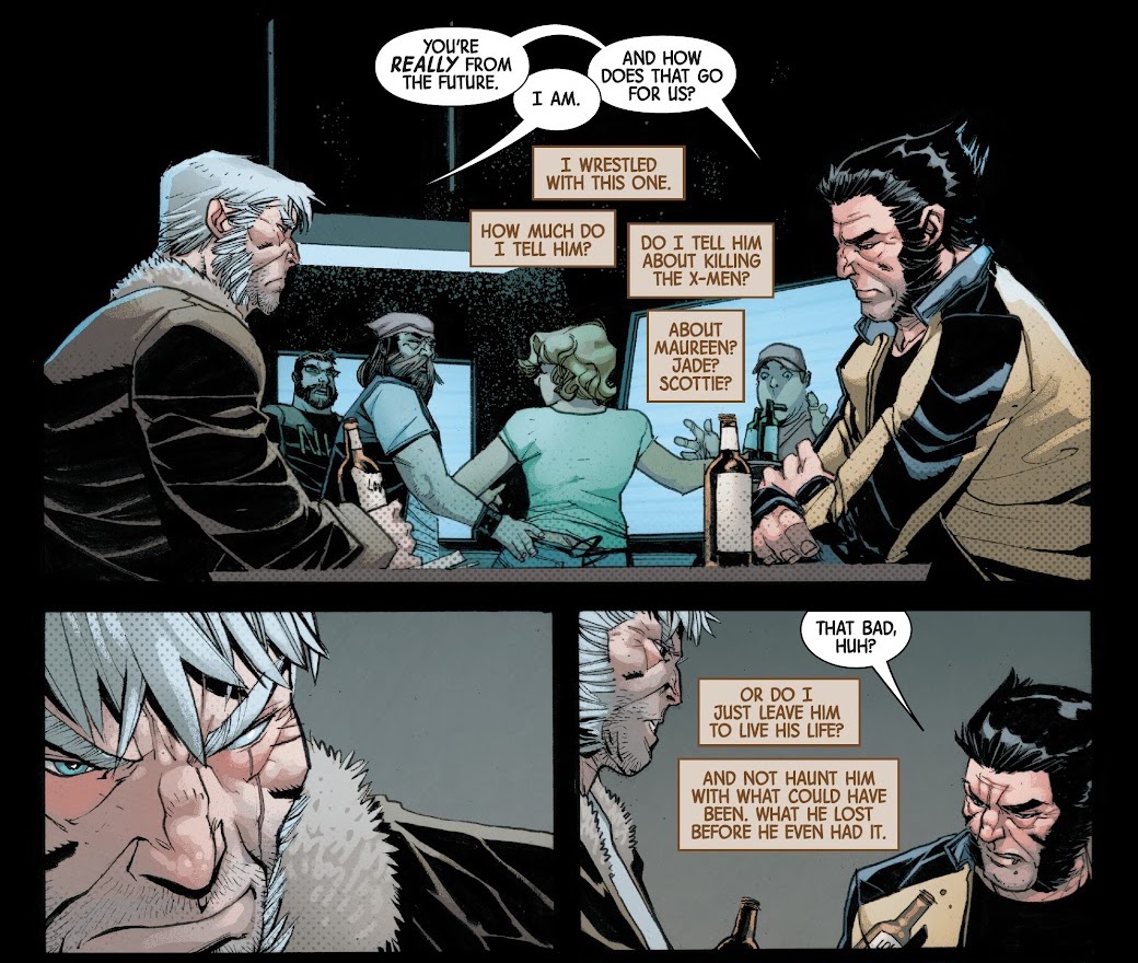 Three panels from Dead Man Logan #6, featuring Wolverine meeting his time-traveling older, white-haired counterpart at a bar table. Dialogue: Logan: 