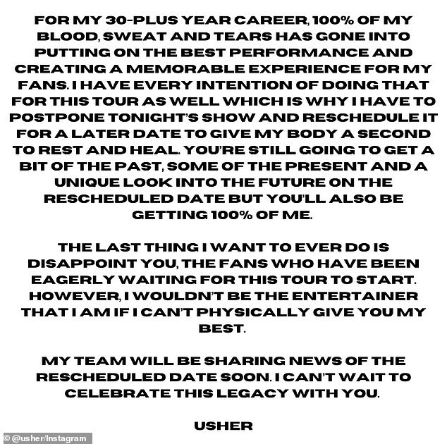 The 45-year-old singer posted a heartfelt message on Instagram about canceling the first show of his Past Present Future tour.