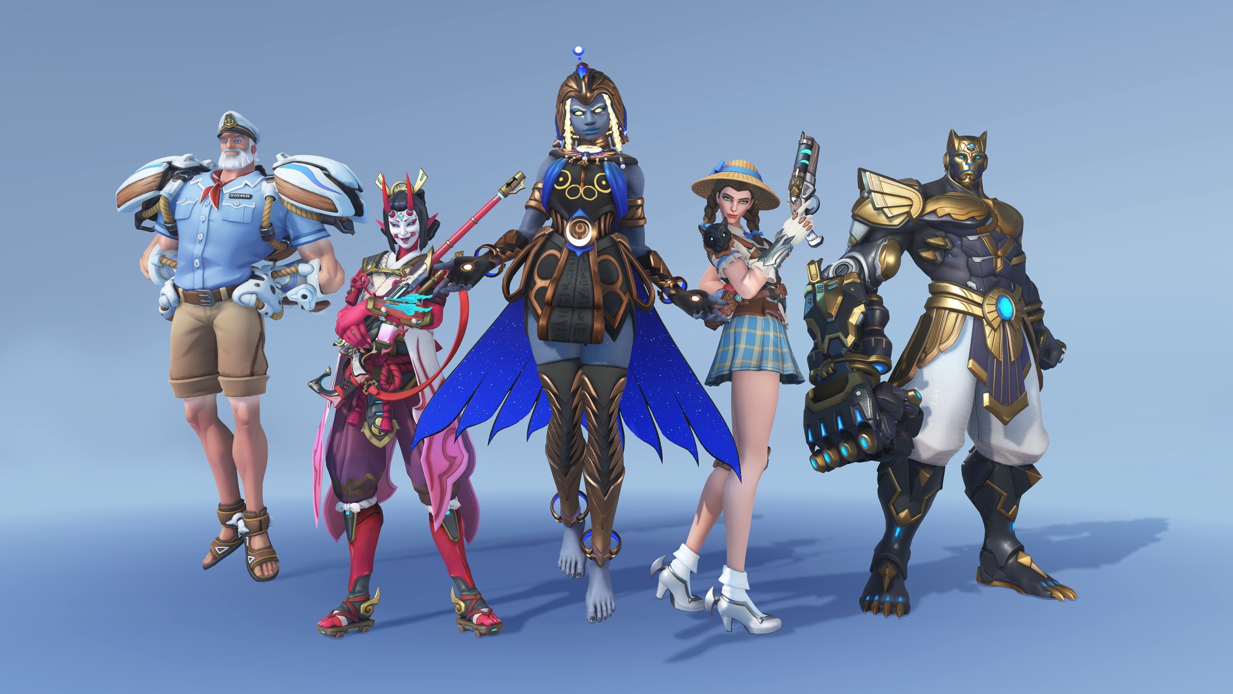 Captain Sigma, Oni Ana, Thoth Illari, Dorothy Ashe and Bast Doomfist pose in Overwatch 2 artwork