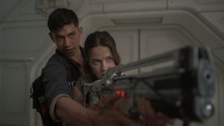 Tyler and Rain practice with the proto-pulse rifle in Alien: Romulus