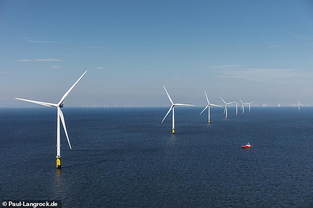 Wind turbines harness energy from the wind using mechanical force to turn a generator and create electricity. Pictured: Offshore wind turbines in Liverpool Bay on the west coast of the UK