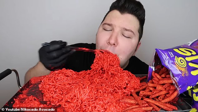 After eating 10,000 calories a day (pictured eating noodles and takis), Perry suffers from obesity and respiratory problems