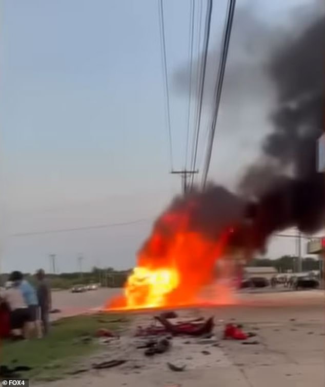 The impact of the high-speed collision caused the SUV to roll into a gas station and catch fire