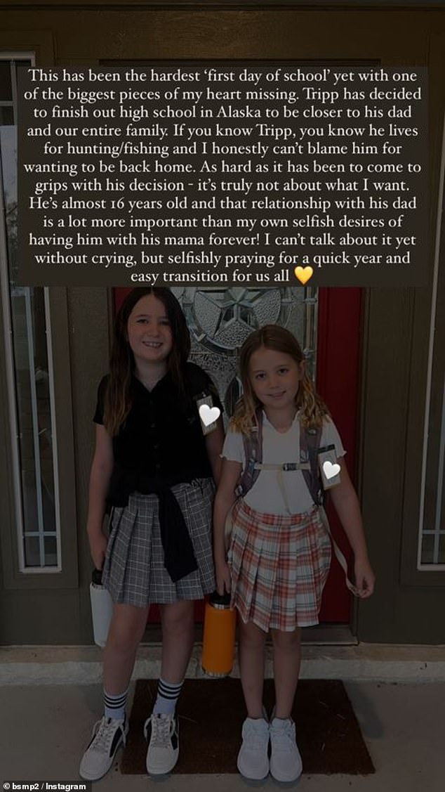 She posted a photo of her two daughters on the doorstep of their home to commemorate their first day of school, while describing the changing dynamics in her family