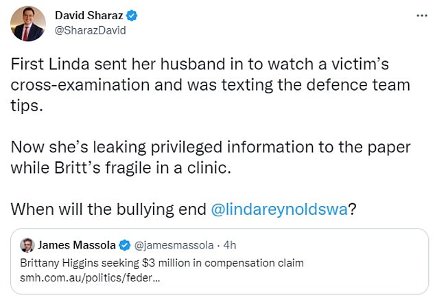 David Sharaz wrote a tweet accusing Linda Reynolds of bullying Brittany Higgins (pictured)