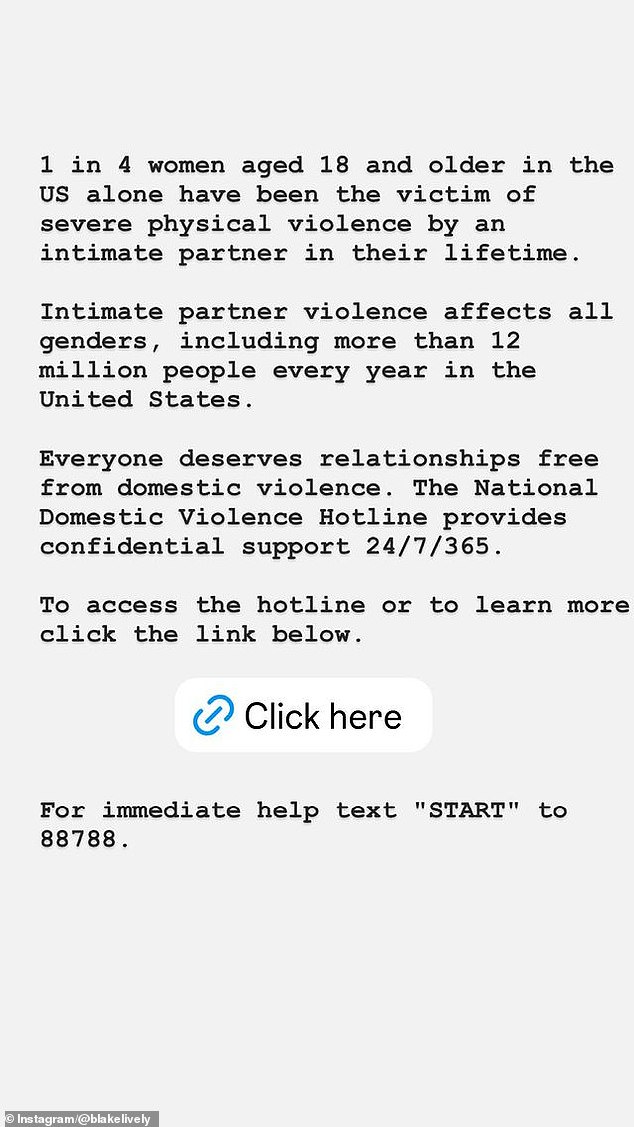 In a follow-up post, she shared statistics on domestic violence in the United States and gave fans a link to the National Domestic Violence Hotline