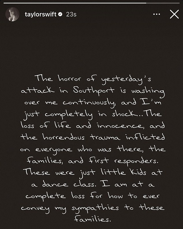 The hitmaker previously posted an emotional message following a knife attack at a dance class themed around her songs, which left three children dead and six others critical.