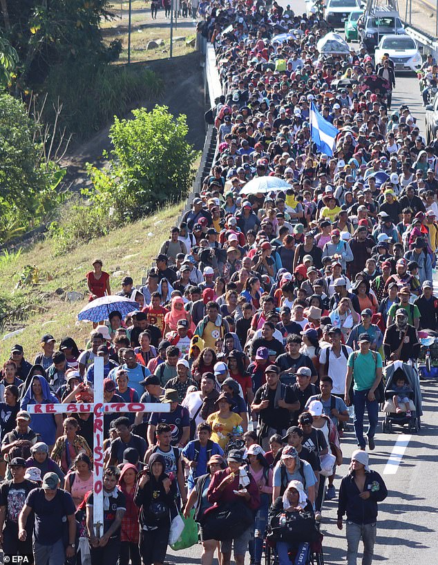 This follows a shocking new report on Tuesday that revealed thousands of migrants who entered the U.S. illegally with their families and were placed in a deportation program have been allowed to stay by the Biden administration. Pictured: Migrants who make up the 