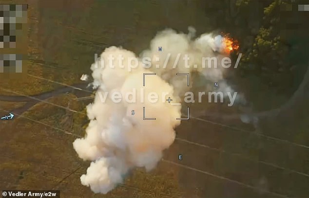 The video from the battlefield shows an armored vehicle being blown up by a drone