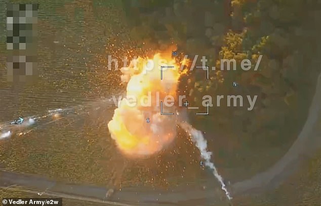 The footage, shared on social media app Telegram, shows a huge explosion on the battlefield as the tank, reportedly deployed by Ukraine's 82nd Brigade, was blown up