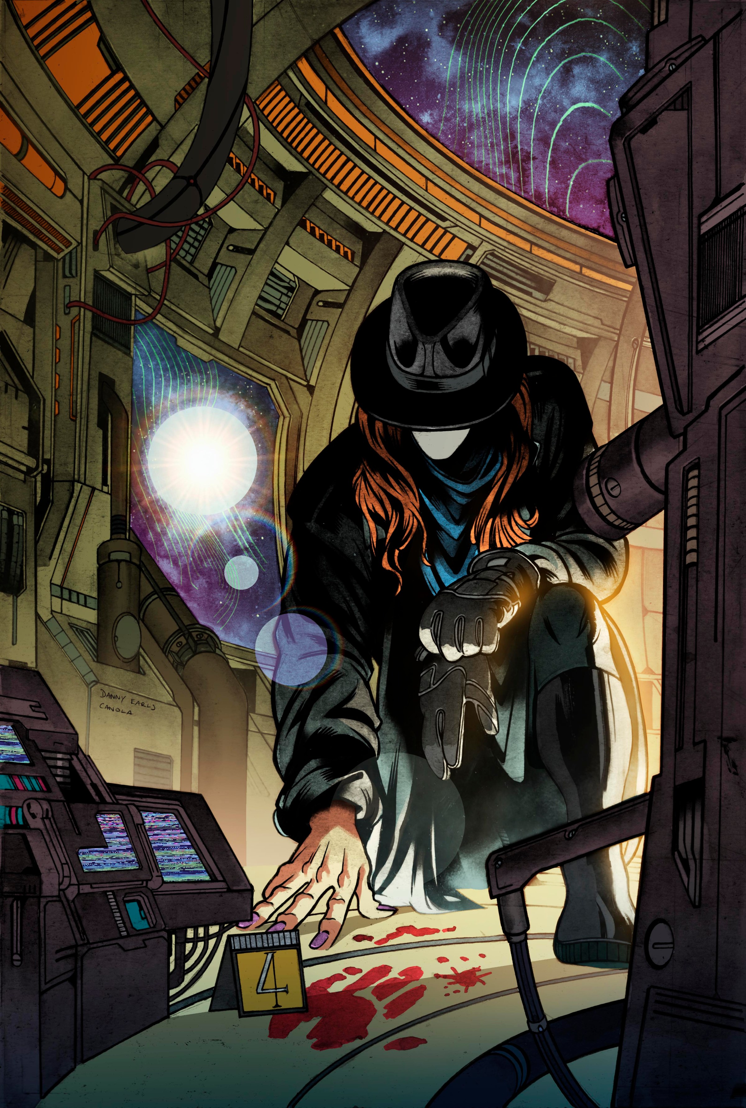 Renee Montoya/The Question kneels by a bloody handprint on the floor, marked with a numbered evidence tag. She is in the high-tech space environment of the Justice League's Watchtower.