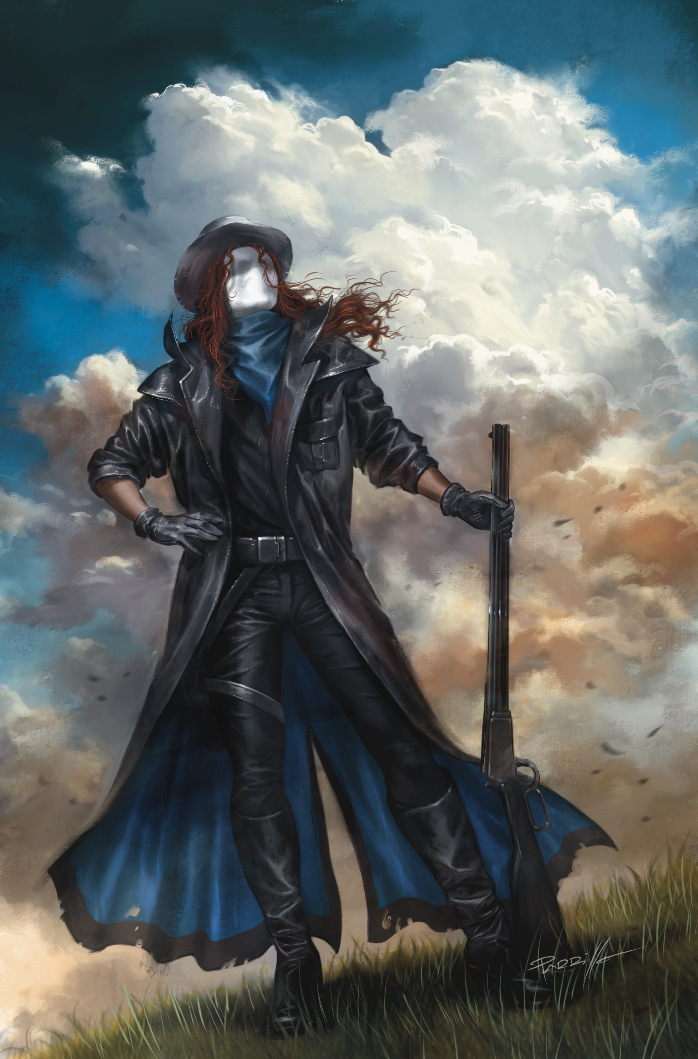 Renee Montoya/The Question stands in a field, a towering cloud formation in the background. Behind her featureless mask, she looks up at the sky, the barrel of a gun in one hand, the butt resting on the ground.