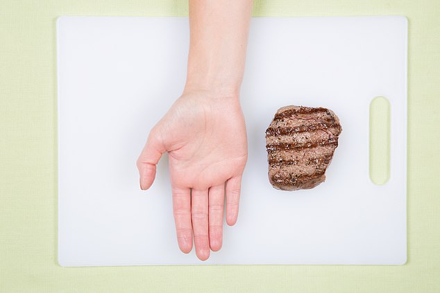 This is a serving of beef of about 100 grams, or 3.5 ounces, compared to the size of a hand. The people in the study who were most at risk of developing diabetes ate less beef than that per day, about 2.5 ounces