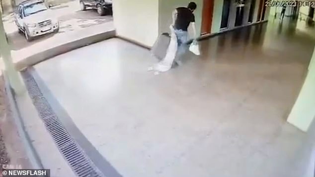 Shocking footage shows Bittar, 43, struggling to pull the suitcase up two flights of stairs at his home in Luziania, Brazil on June 28 last year