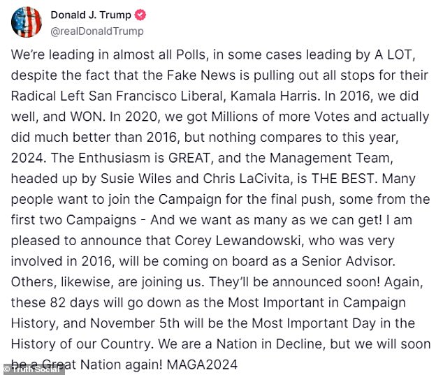 Trump began his statement by saying he is ahead in the polls, but recent movements have shown Kamala Harris tied or ahead in key battlegrounds