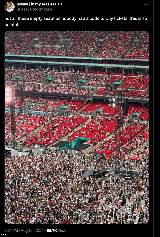 When Swift returned to Wembley on August 15, fans at X, formerly Twitter, left alarmingly large blocks of empty seats that would normally be filled by dedicated Swifties.