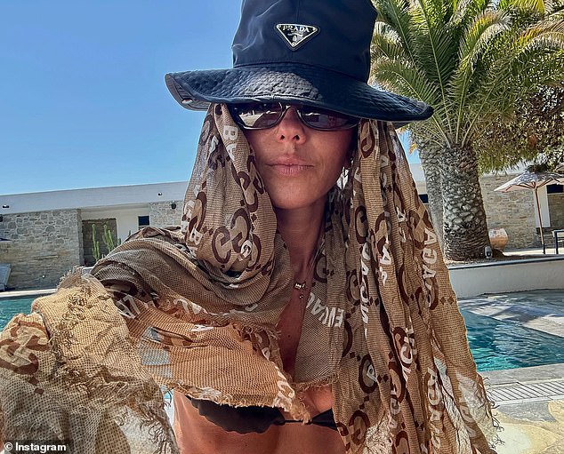 Pip posed by the sea at her accommodation, showing off her incredibly slim figure while wearing a skimpy bikini bottom. She also shared a photo by the pool wearing a black hat with a patterned scarf underneath