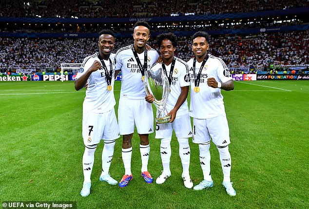 Militao (second from left) played the entire duration of Real Madrid's UEFA Super Cup victory this week