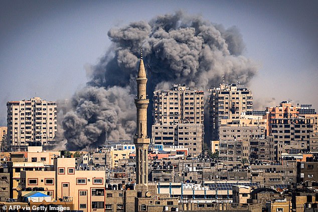 Smoke rises in Gaza City on October 12, 2023, five days after Hamas invaded Israel