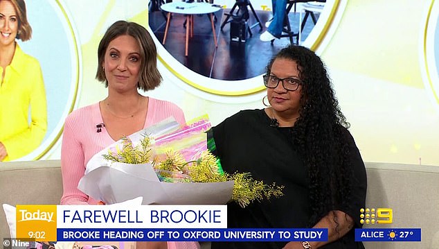 The news and entertainment reporter, 37, who started working on the Channel Nine breakfast show in January 2023, was presented with flowers by her colleagues as she made a heartfelt statement live on air. Pictured with her mother Leonie