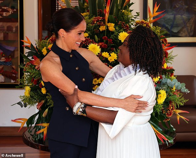 Meghan Markle is seen smiling broadly as she greets Colombian Vice President Francia Márquez in Bogota