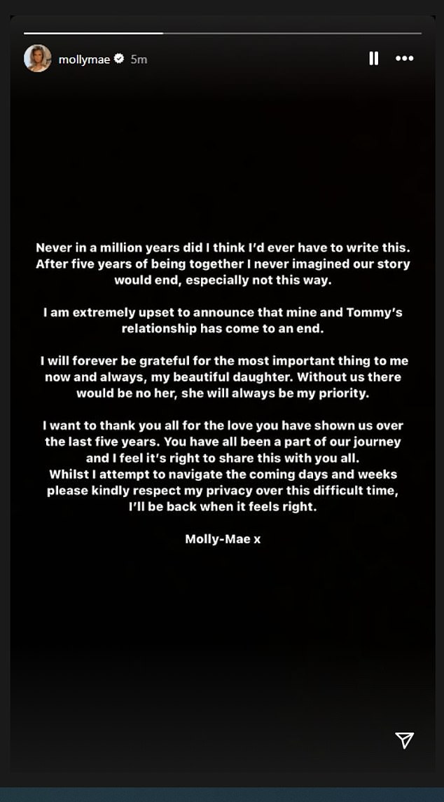 Fans were left stunned after Molly-Mae announced her split from the boxer on Wednesday after five years together. In a statement, she said she 'never imagined our story would end this way'