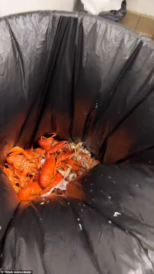 At the end of the clip, he can be seen throwing two plates full of lobster straight into a trash can