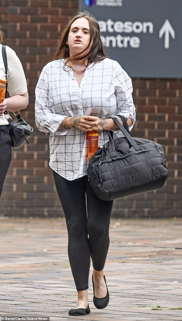 Harris' mobile phone (pictured outside Portsmouth Crown Court) was seized by police and a 'series of messages' between her and one of the boys were found - which she had saved in her contacts as Rachel