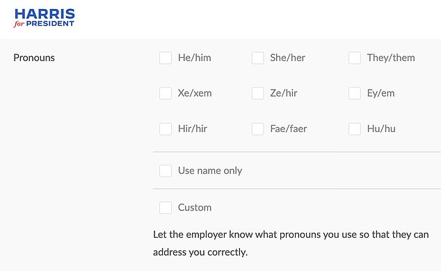 The Harris campaign application includes nine different pronoun options, including 