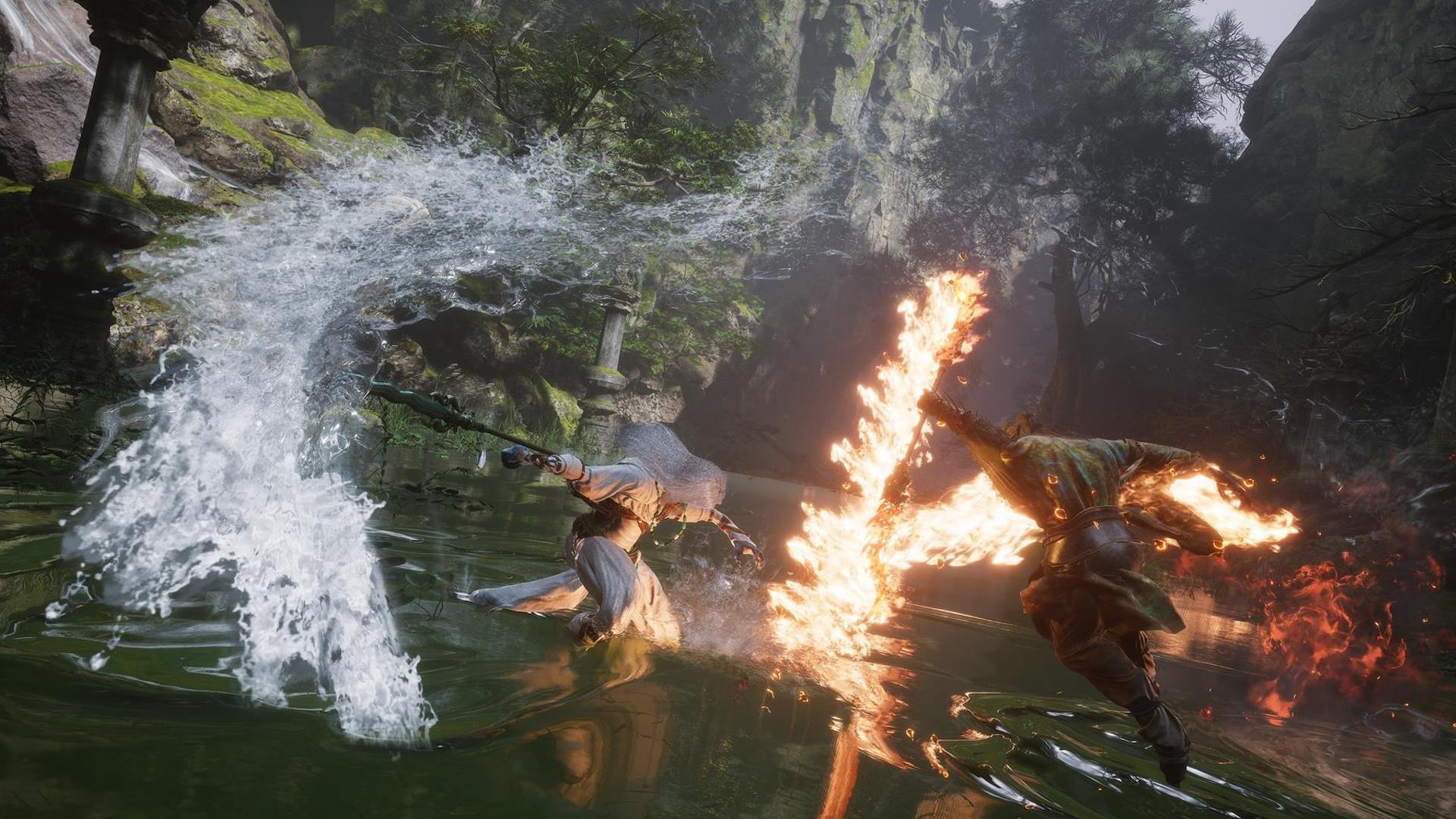 This image from Black Myth: Wukong shows the player using a fire-based transformation against a naga snakeman boss.