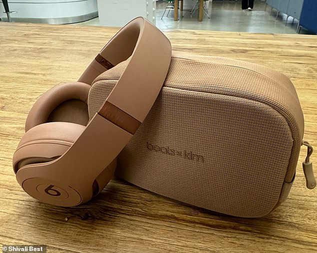 The headphones themselves are completely flesh-colored, except for the extenders, which are copper. They come in a small mesh carrying case, which features the 'beats x kim' logo