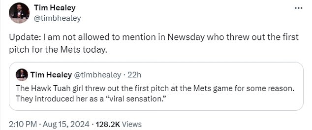 Newsday's Mets reporter Tim Healey said he couldn't reveal Hailey Welch's rise to fame on X