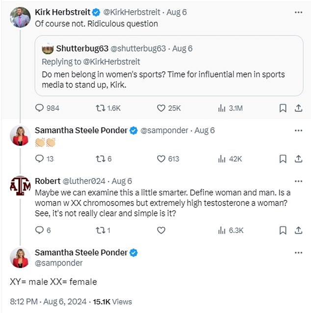 ESPN has not fired Herbstreit, whose comments about trans women in sports were applauded by Ponder during a social media exchange earlier this month