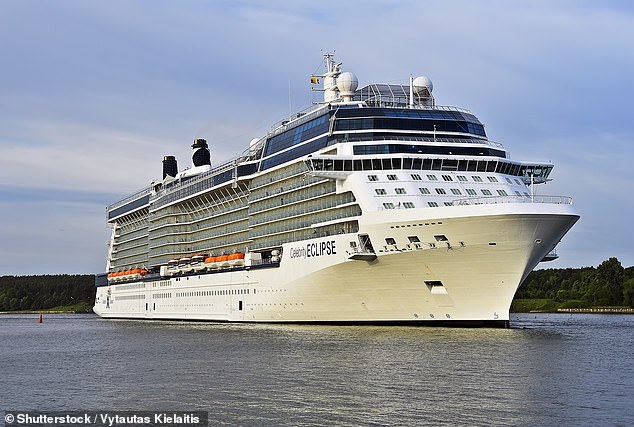 Celebrity Express (above) is a 17-deck, 317-metre long ship with a capacity of 2,850 passengers and 1,200 crew, owned by the Royal Caribbean Group and registered in the Bahamas.