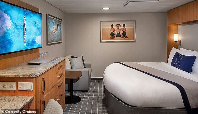 The couple boarded the Celebrity Eclipse in Sydney on March 15 last year for a cruise on the Tasman Sea and shared a balcony cabin. A similar cabin is pictured