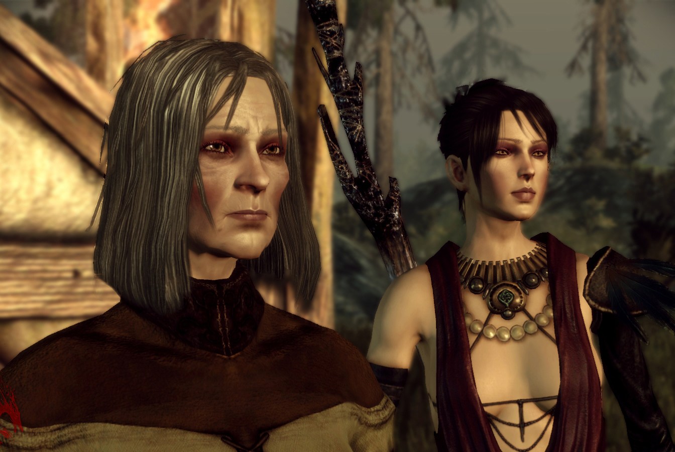 Flemeth, an older woman, and her daughter Morrigan, a young woman with dark hair in a messy bun