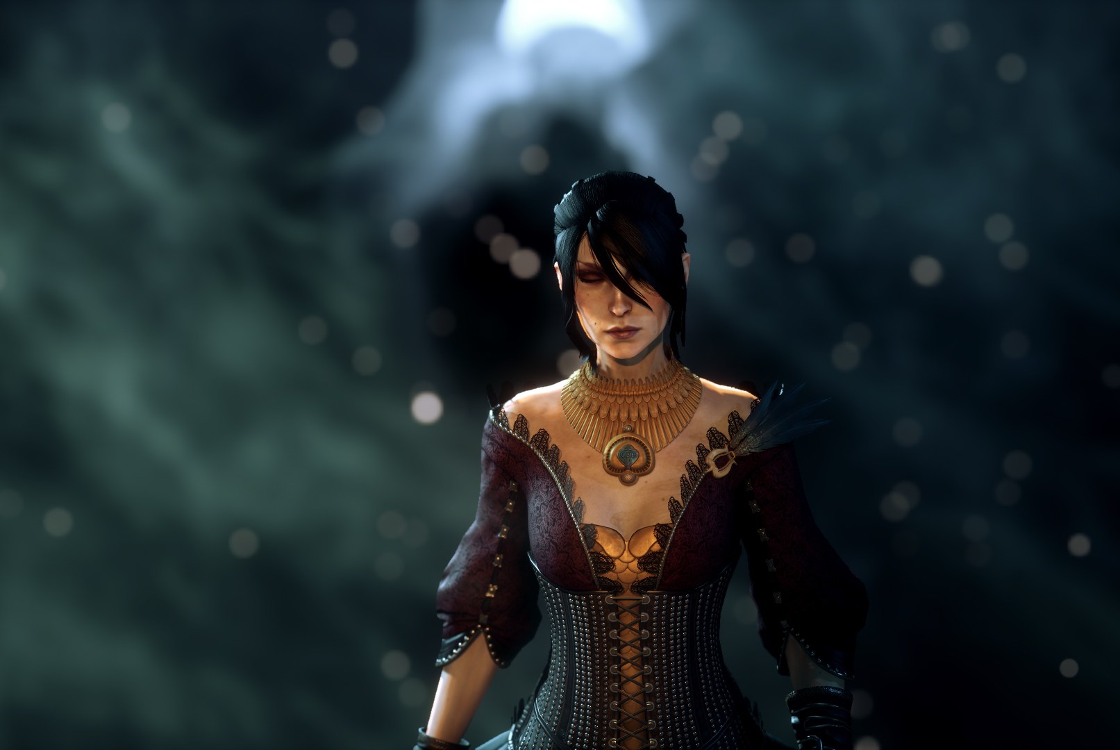 Morrigan in a ball gown, as seen in Dragon Age: Inquisition