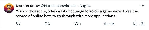 Other viewers also offered words of support, taking to X, formerly known as Twitter, praising Danielle for her performance and character