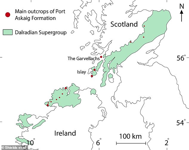 This map shows where the major outcrops of the Port Askaig Formation are located as red dots. The Port Askaig Formation is located within a much larger unit called the which contains rocks that are both older and younger than the Port Askaig Formation