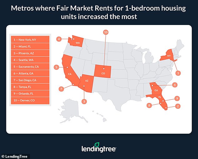 The map shows the cities where rents have increased the most