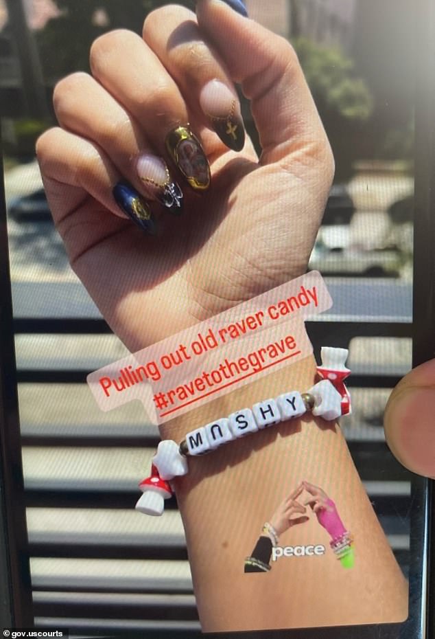 In their court documents Thursday, prosecutors included a photo Sangha posted to social media in July showing her wearing a beaded bracelet with the word “MUSHY” and mushroom charms, which they said was a sign of her alleged drug connections.