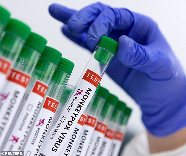 The first case outside the continent was discovered in Sweden, prompting the European Centre for Disease Prevention and Control to raise the risk level. Pictured: Test tubes labelled 'Monkeypox virus positive and negative'