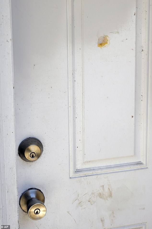 A sealed bullet hole, upper right, is seen in the front door of Lorincz's home after she fired her Remington 380 rifle, fatally striking Owens, who was knocking on the door