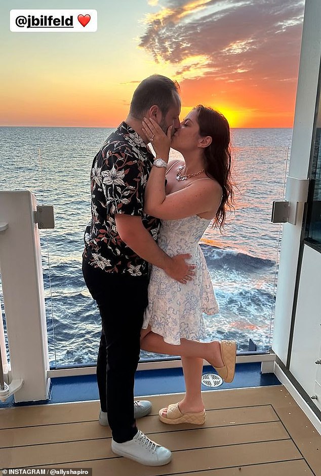 Another photo was taken when Ally and Jordan shared a romantic kiss as the sun began to set on the horizon. She tagged her fiancé followed by a red heart emoji